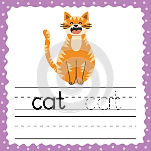 Learning to write words flashcard. Three letters word - Cat. Tracing exercise flash card