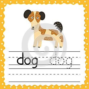 Learning to write words flashcard. Three letters word - Dog. Tracing exercise flash card