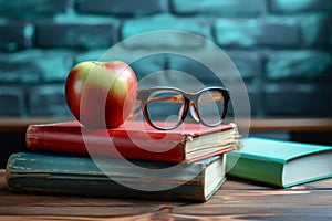 Learning tools Glasses, books, apple on table, classroom atmosphere