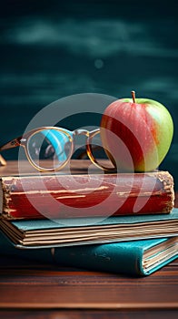 Learning tools Glasses, books, apple on table, classroom atmosphere