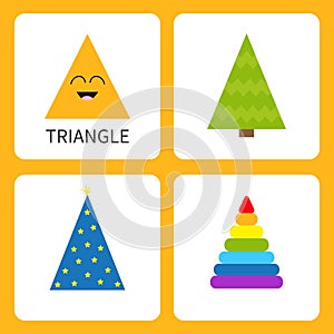 Learning triangle form shape. Smiling face. Cute cartoon character. Fir-tree Christmas tree magic magician hat , colorful pyramid