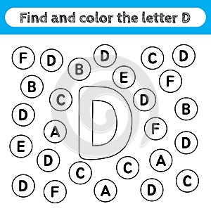 Learning worksheets for kids, find and color letters. Educational game to recognize the shape of the alphabet. Letter D