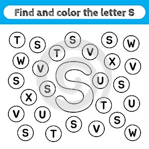 Learning worksheets for kids, find and color letters. Educational game to recognize the shape of the alphabet. Letter S