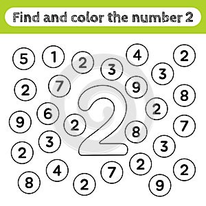 Learning worksheets for kids, find and color numbers. Educational game to recognize the shape of the number 2