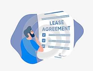 Lease agreement illustration concept. Buyer reading before signing house purchase contract. Understand lease terms and avoid