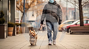 leash walking dog with mask