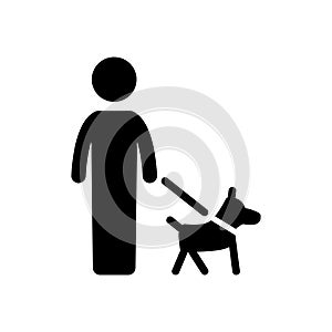 leashed dog icon, man walking a dog on a leash sign, black vector icon, park symbol