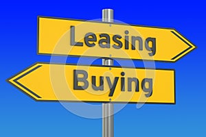 Leasing or buying concept on the road signpost, 3D rendering