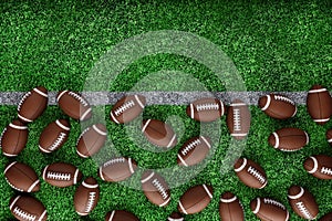 Leather American football ball on the grass of a football field at the stadium. American sport concept, strength, victory. Poster