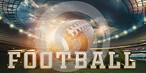 Leather American football ball on the grass of a football field at the stadium. American sport concept, strength, victory. Poster