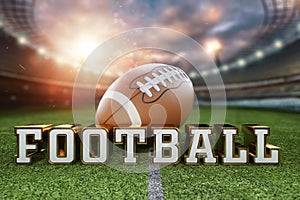 Leather American football ball on the grass of a football field at the stadium. American sport concept, strength, victory. Poster