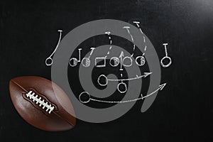 Leather American football on chalkboard