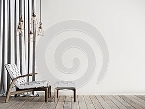 Leather armchair against the empty wall with curtain in navy living room with lamp.