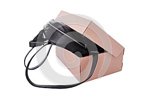 Leather backpack in a cardboard box.