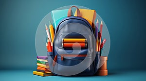 Leather backpack, school supplies, stack of books, colored pencils on a blue background, back to school concept, copy space