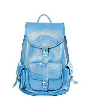 Leather backpack standing isolated on white sky blue color