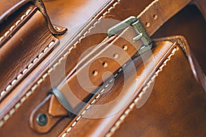 Leather bag. Fashion concept. Closeup detail, macro shot, selective focus