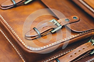 Leather bag. Fashion concept. Closeup detail, macro shot, selective focus