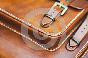 Leather bag. Fashion concept. Closeup detail, macro shot, selective focus