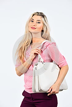 Leather bag. Glamour fashion collection. Fashion model. Shopping on black friday sale. Looking trendy. Pretty woman hold