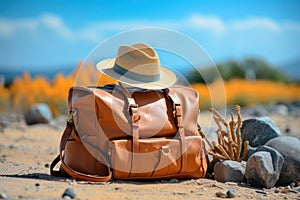 leather bag valise and hat on the seashore