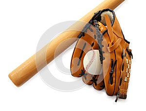 Leather baseball ball, bat and glove on background, top view