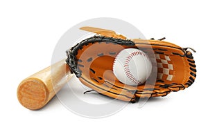 Leather baseball ball, bat and glove on background