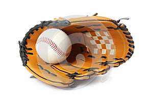 Leather baseball glove with ball isolated