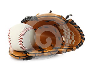Leather baseball glove with ball isolated
