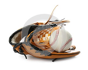 Leather baseball glove with ball isolated