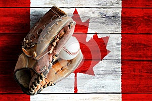 Leather Baseball Glove With Ball on Painted Canadian Flag