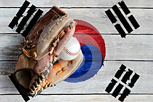 Leather Baseball Glove With Ball on Painted South Korean Flag