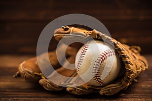 Leather baseball glove and ball on a wooden bench