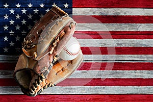 Leather Baseball or Softball Glove With Ball on Painted US Flag