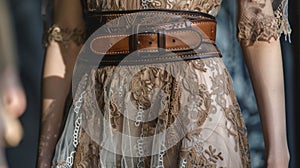 A leather belt cinched tightly around a flowy lace dress a fusion of strong and soft elements.