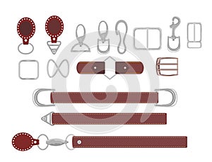 Leather belts with carabiner clasp collection vector. Hook accessory illustration. Buckles.