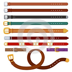 Leather belts. Female and male belt with metal or golden buckles. Fashion clothing accessories for trousers. Brown strap
