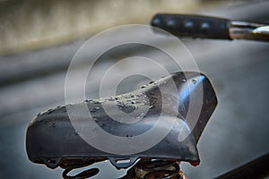 Leather bicycle seat and steering wheel fragment, blurred background
