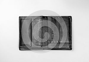 Leather black wallet for money on a gray background