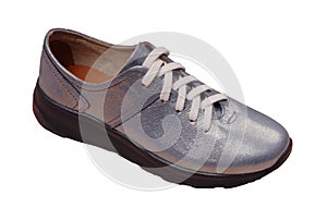 Leather blue footwear, shine sneakers  on white background