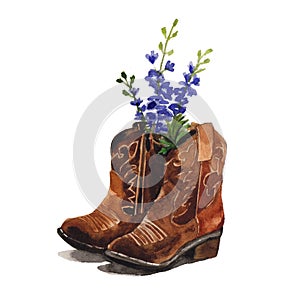 Leather Boots With Blue Flowers