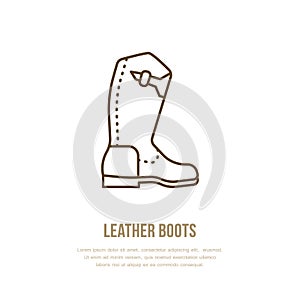 Leather boots line logo. Flat sign for polo equipment store. Traditional cowboy footwear icon