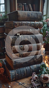 Leather-Bound Books and Soft Candlelight Historical novels layered and binding-blurred