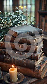 Leather-Bound Books and Soft Candlelight Historical novels layered and binding-blurred