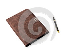 Leather-bound business notebook with a Parker pen on a white background. Business concept