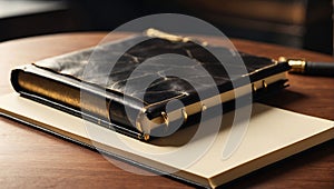 A leather-bound diary lying on the table.