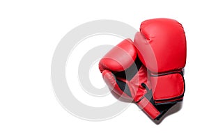 Leather box equipment for fight and training. Pair of boxing gloves lying on each other. Combat and fight concept. Boxing gloves i