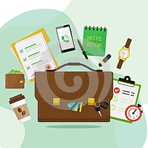 leather briefcase and business items, management or finance workflow. vector illustration in flat style