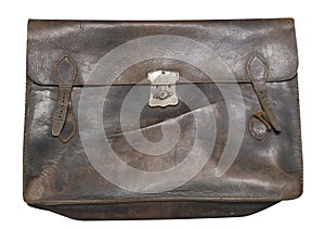Leather briefcase isolated on white phoneme. old shabby leather briefcase