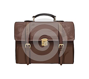 Leather brown men briefcase from multicolored paints. Splash of watercolor, colored drawing, realistic